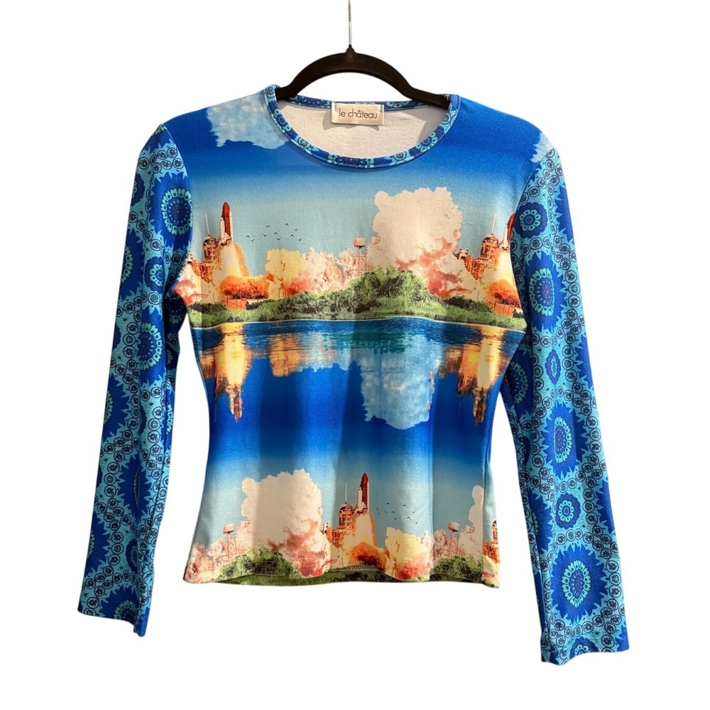 Vintage Y2K Le Chatea Space Shuttle Launch Graphic Long Sleeve Top